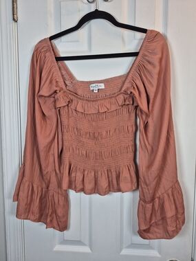 Beyond the Sea Collective Smocked Boho Blouse Mauve Ruffle Crop Bell Sleeve M